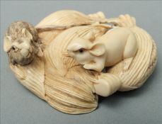 A late 19th/early 20th century carved ivory netsuke Carved with two mice upon corn cobs with