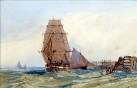 JOHN CALLOW (1822-1878) British Shipping Off Harbour Walls in Choppy Waters Watercolours 22.5 x 15