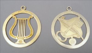 Two Georgian silver gilt Masonic pendants Each inscribed Kent. Each 8 cms diameter. (2) Some surface