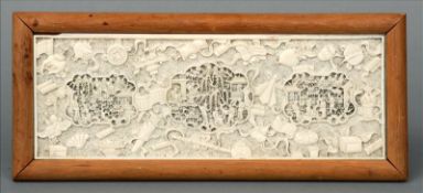 A 19th century Cantonese carved ivory panel Decorated with three figural carved vignettes flanked by
