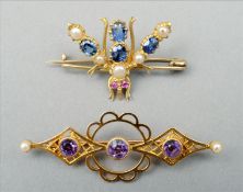 An Edwardian unmarked gold bar brooch Set with seed pearls and amethysts; together with an