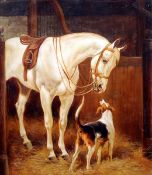 After CHARLES-FERNAND DE CONDAMY (1855-circa 1913) French Grey With Hound in Stable Oil on board