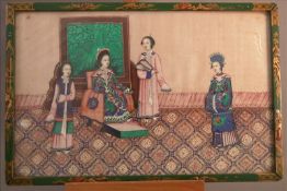 A 19th century Chinese rice paper painting Depicting an Empress and her attendants, lacquered framed