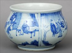 A Chinese Kangxi porcelain blue and white bowl Of baluster form, decorated with figural vignettes,
