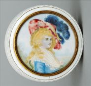 A 19th century Continental ivory box Of plain cylindrical form, the lid inset with a portrait