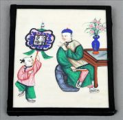 A framed 19th century Chinese rice paper painting Depicting a seated figure and child with a screen.