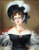 A Victorian leather cased portrait miniature Depicting a young lady wearing an ostrich feather