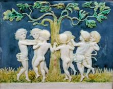 A Della Robbia tile plaque Relief moulded with scantily clad children dancing around a tree,
