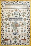 An early 19th century sampler Stitched with a house, animals, figures and a verse by Mary Lewis,