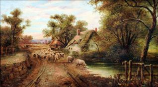 ENGLISH SCHOOL (19th century) Sheep Drover on a Country Lane Oil on board 55 x 31 cms, framed