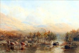 EDWARD TUCKER (circa 1846-1909) British Cattle Watering in a Highland Landscape Watercolour and