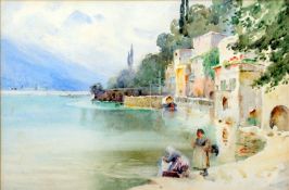 CONTINENTAL SCHOOL (19th/20th century) Figures by a Mountain Lake Watercolour 35.5 x 24 cms,