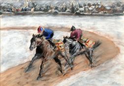 ELDER (20th century) British Gallops in the Snow Chalk and pastel Signed 50 x 35 cms, framed and