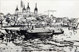 HUGH CRONYN (1905-1996) Canadian Tower of London Pen and ink Signed 35.5 x 24 cms, framed and glazed