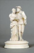 A 19th century Dieppe carved ivory group Formed as a courting couple, her holding a flower, standing