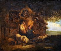 After GEORGE MORLAND (1763-1804) British Figures Outside a Rural Cottage Oil on canvas 59 x 49.5