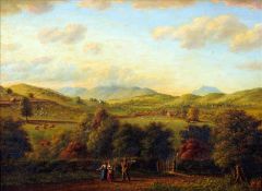 ENGLISH SCHOOL (19th century) Figures on a Country Path Before an Extensive Landscape Oil on panel