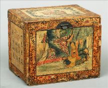 A 19th century Chinese decorated wooden box The hinged cover and body painted with floral and