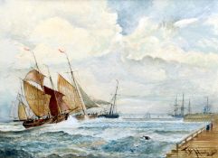 THOMAS BUSH HARDY (1842-1897) British Sailing Vessels in Choppy Waters Off a Harbour Wall