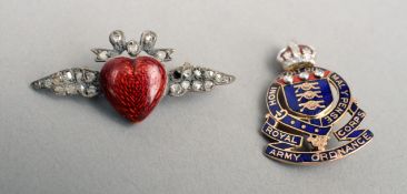 A 9 ct gold enamelled and diamond set sweetheart brooch, for the Royal Army Ordinance Corps Together