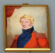 An English 19th century portrait miniature of an officer, in scarlet uniform with gold epaulettes On