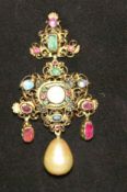An early 20th century Continental multi-gemstone pendant With a large tear drop shape pearl drop.