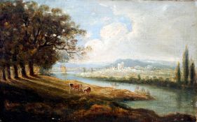 CONTINENTAL SCHOOL (18th century) Cattle Before a River Townscape Oil on canvas 56.5 x 36 cms,