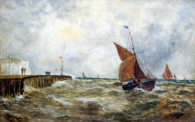 THOMAS BUSH HARDY (1842-1897) British Sailing Vessels in Choppy Waters Off a Harbour Wall Oil on