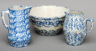 Three pieces of 19th century American sponge wared decorated pottery Comprising: wash bowl, wash jug