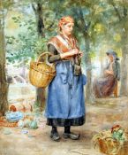 L. MARK (19th/20th century) British Dutch Woman Knitting Watercolour Signed 24 x 30 cms, framed