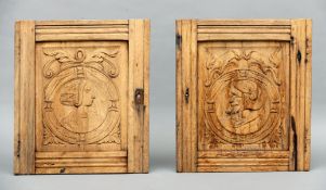 A pair of oak Romaine door panels One carved to the centre with the bust of a soldier, the other