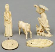 Four pieces of late 19th/early 20th century Chinese carved ivory Comprising: a figure of a dignitary