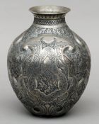 A Persian chased steel vase Decorated with various vignettes of figures in landscapes and figures at