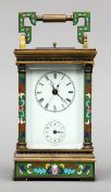 A cloisonne enamel cased repeating carriage clock The dial with Roman numerals and subsidiary