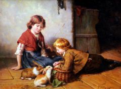After FELIX SCHLESINGER (1833-1910) German Children Feeding Their Rabbits Oil on board Bears