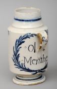 An 18th/19th century Delft pottery blue and white drug jar With strap handle and spout inscribed