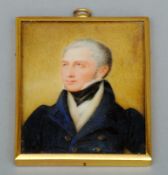 An English 19th century portrait miniature of a gentleman, wearing a navy blue coat On ivory, framed