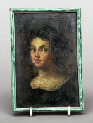 An 18th century style portrait bust of a young lady Wearing a black dress with white collar,