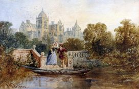 A. McARTHUR (19th/20th century) British Figures Boarding a Punt Before a Large Country House
