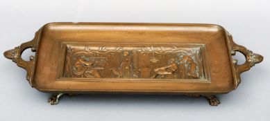 A 19th century bronze twin handled tray The central panel cast with a classical scene and