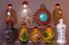 Nine various Chinese snuff bottles and stoppers Comprising: hardstone, porcelain, cameo glass and