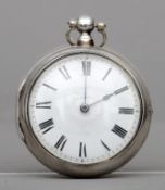 A George III silver pair cased pocket watch The white enamel dial with Roman numerals, the outer