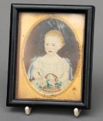 An early 20th century portrait miniature of a young child holding a basket of flowers Watercolour,