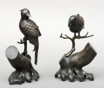 A pair of archaistic style Oriental bronze incense burners Each formed as a bird perched on a