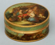 An 18th century Continental painted papier mache snuff box The lid decorated with children listening