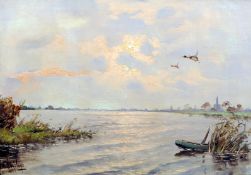 ENGLISH SCHOOL (20th century) Ducks Taking Flight at Sunset Oil on canvas Indistinctly signed 69 x