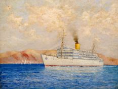 ENGLISH SCHOOL (20th century) Cruise Ship Off the Coast Oil on canvas 51 x 40.5 cms,