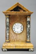 A 19th century variegated marble portico clock The white painted dial with Roman numerals, the