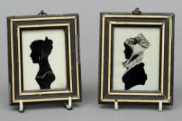 Two 19th century reverse glass painted silhouette portrait miniatures of ladys In gilt and