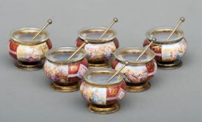 A set of six Continental silver gilt and enamelled pedestal salts The interiors each decorated